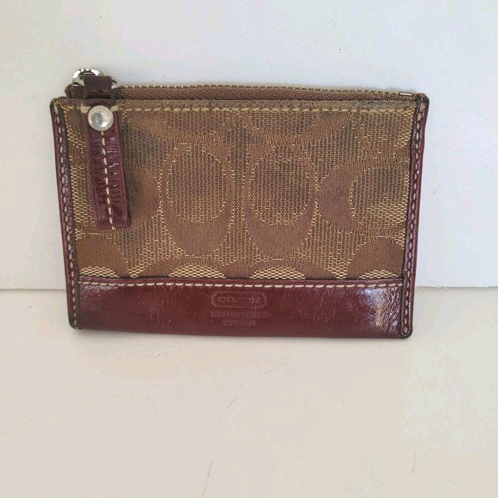 COACH‎ Skinny Key Card Case Small Wallet Canvas Leather Zip Beige Logo Fair